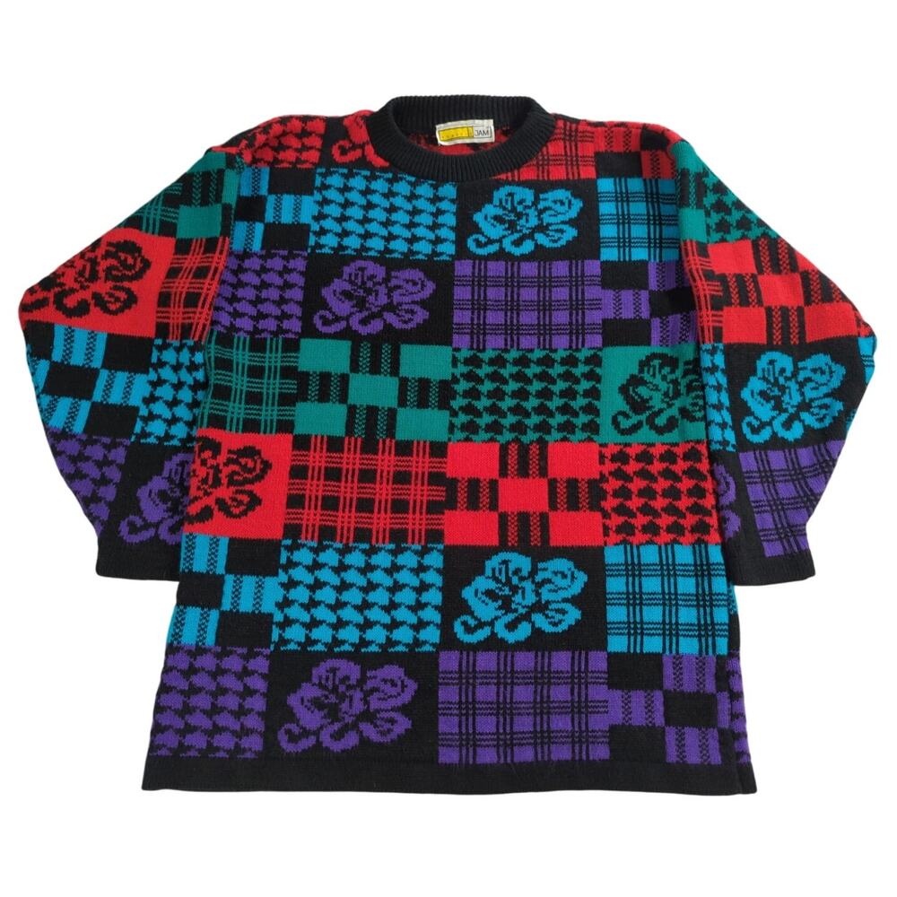 VTG Traffic Jam Sweater L Multicolor Patchwork Floral Geometric Knit 90s